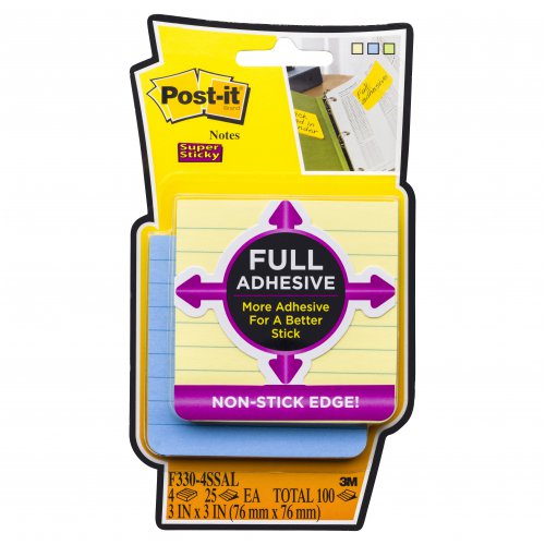 Postit Notes Super Sticky 76x76 F3304SSAL Full Adhesive Lined 4 Pack Skout Office