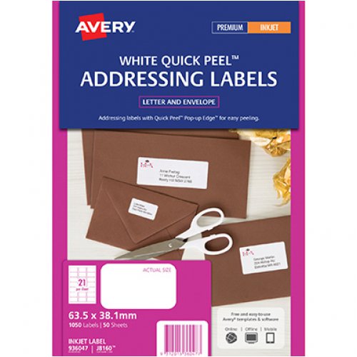 Label Avery Inkjet J8160 63x38mm 21 Labels Per Sheet Pack 50 Skout