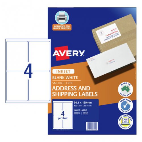 Inkjet Labels Avery J8169 Parcel 4up 139x99.1mm Pack of 25 | Skout ...