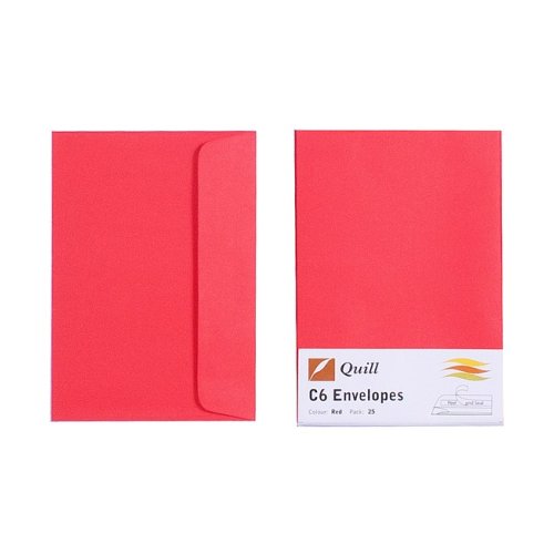 Envelopes Quill C6 80gsm Red Pack of 25 Skout Office Supplies