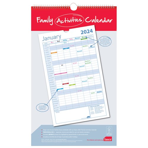 Wall Calendar Sasco 410x250mm Family Activity Month to View